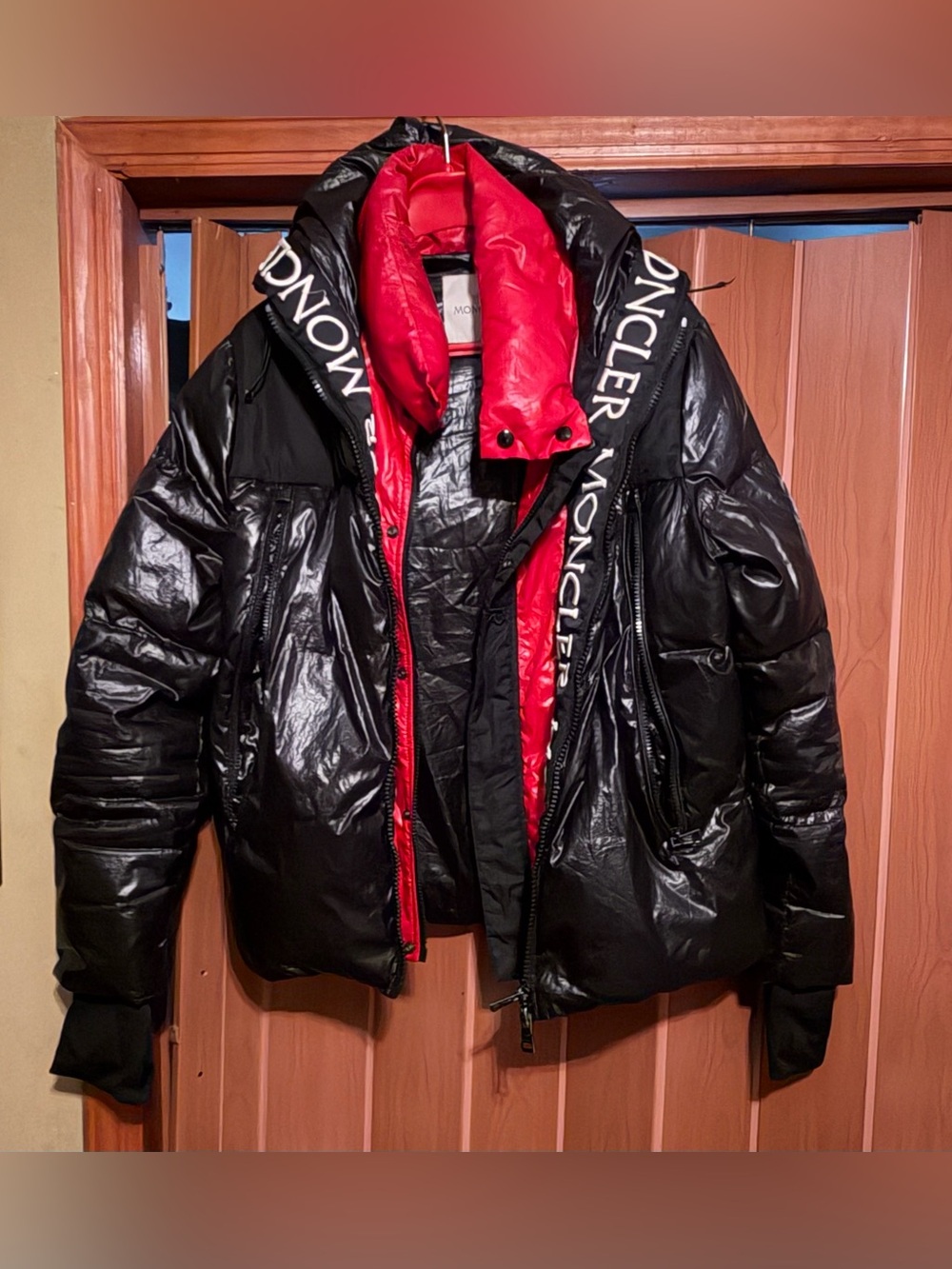 MONCLER Size 4 Montcla Down Jacket Black & Red Logo Unisex